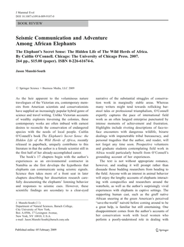 Seismic Communication and Adventure Among African Elephants the Elephant’S Secret Sense: the Hidden Life of the Wild Herds of Africa