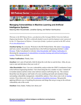 Managing Vulnerabilities in Machine Learning and Artificial Intelligence Systems Featuring Allen Householder, Jonathan Spring, and Nathan Vanhoudnos