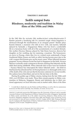 Sedih Sampai Buta Blindness, Modernity and Tradition in Malay ﬁlms of the 1950S and 1960S