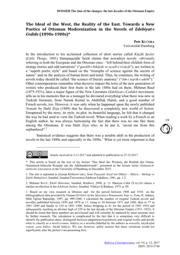 The Ideal of the West, the Reality of the East. Towards a New Poetics of Ottoman Modernization in the Novels of Edebiyat-I Cedide (1890S-1900S)*