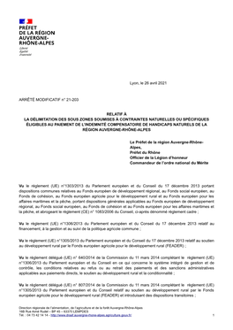 Lyon, Le 26 Avril 2021 ARRÊTÉ MODIFICATIF N° 21-203 RELATIF À LA DÉLIMITATION DES SOUS ZONES SOUMISES À CONTRAINTES NATURE