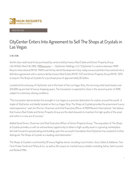 Citycenter Enters Into Agreement to Sell the Shops at Crystals in Las Vegas