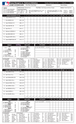 Texas Rangers Vs. Oakland Athletics Tuesday, September 16, 2014 W 7:05 P.M