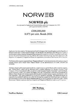 NORWEB Plc (Incorporated in England with Limited Liability Under the Companies Act 1985 with Registered Number 2366949) £200,000,000 8.875 Per Cent