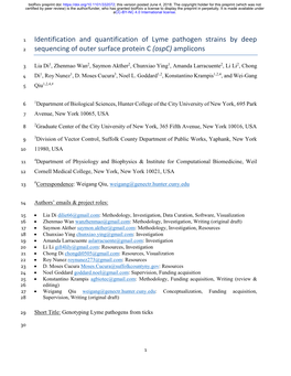 Identification and Quantification of Lyme Pathogen Strains by Deep 2 Sequencing of Outer Surface Protein C (Ospc) Amplicons