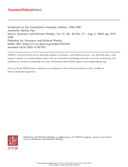 Secularism in the Constituent Assembly Debates, 1946-1950 Author(S): Shefali Jha Source: Economic and Political Weekly, Vol