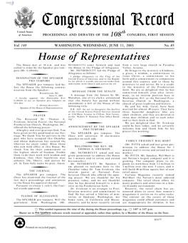 Congressional Record United States Th of America PROCEEDINGS and DEBATES of the 108 CONGRESS, FIRST SESSION