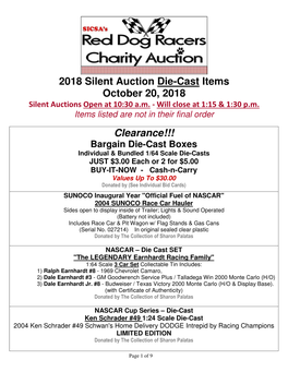2018 Silent Auction Die-Cast Items October 20, 2018 Silent Auctions Open at 10:30 A.M