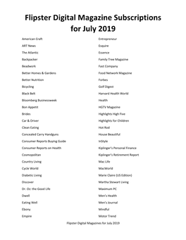 Flipster Digital Magazine Subscriptions for July 2019