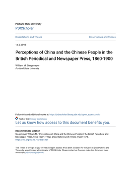 Perceptions of China and the Chinese People in the British Periodical and Newspaper Press, 1860-1900