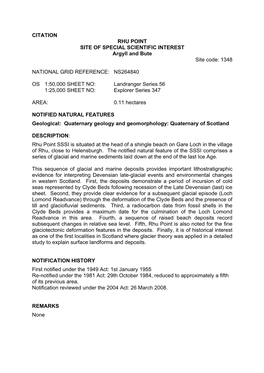 CITATION RHU POINT SITE of SPECIAL SCIENTIFIC INTEREST Argyll and Bute Site Code: 1348