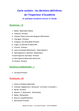Carte Scolaire : Les Décisions Définitives De L’Inspecteur D’Académie Et Quelques Situations Encore À L’Étude