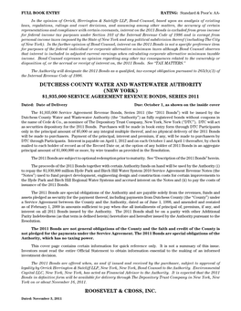 Dutchess County Water and Wastewater Authority (New York) $1,935,000 Service Agreement Revenue Bonds, Series 2011