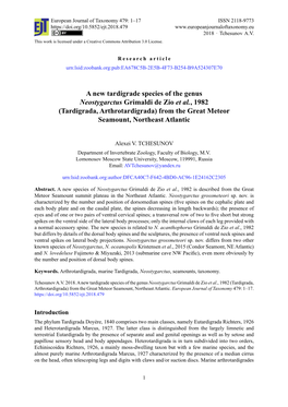 A New Tardigrade Species of the Genus Neostygarctus Grimaldi De Zio Et Al., 1982 (Tardigrada, Arthrotardigrada) from the Great Meteor Seamount, Northeast Atlantic