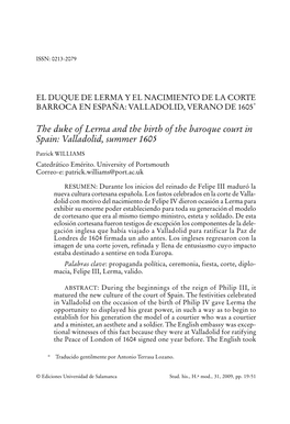 El Duque De Lerma Y El Nacimiento De La Corte Barroca En España: Valladolid, Verano De 1605*