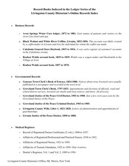 Record Books Indexed in the Ledger Series of the Livingston County Historian’S Online Records Index