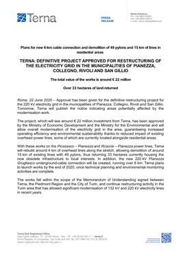 Terna: Definitive Project Approved for Restructuring of the Electricity Grid in the Municipalities of Pianezza, Collegno, Rivoli and San Gillio