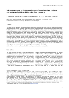 Micropropagation of Juniperus Phoenicea from Adult Plant Explants and Analysis of Ploidy Stability Using Flow Cytometry