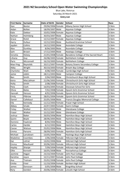 2021 NZ Secondary School Open Water Swimming Championships Blue Lake, Rotorua Saturday 20 March 2021 Entry List