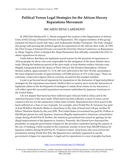 Political Versus Legal Strategies for the African Slavery Reparations Movement