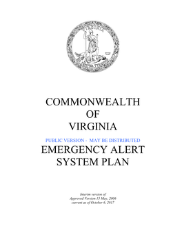 Commonwealth of Virginia Emergency Alert System Plan, Which Will Allow a Coordinated EAS Message for the Event Within the National Capital Region