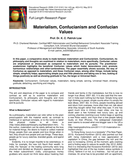 Materialism, Confucianism and Confucian Values