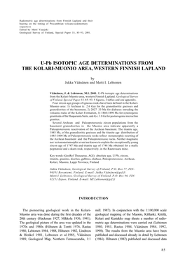 U-Pb ISOTOPIC AGE DETERMINATIONS from the KOLARI-MUONIO AREA, WESTERN FINNISH LAPLAND