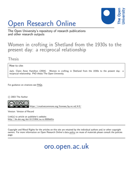 Crofting in Shetland from the 1930S to the Present Day: a Reciprocal Relationship