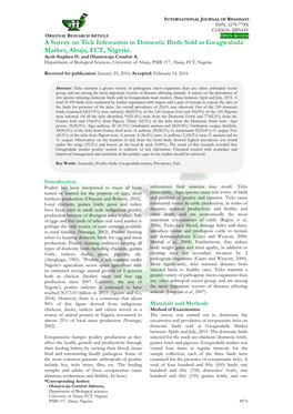 A Survey on Tick Infestation in Domestic Birds Sold at Gwagwalada Market, Abuja, FCT, Nigeria