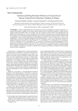 Isolation and Drug-Resistant Patterns of Campylobacter Strains Cultured from Diarrheic Children in Tehran