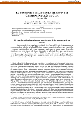 LA CONCEPCIÓN DE DIOS EN LA FILOSOFÍA DEL CARDENAL NICOLÁS DE CUSA Lorenzo Peña