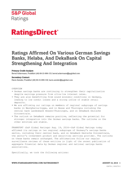 Ratings Affirmed on Various German Savings Banks, Helaba, and Dekabank on Capital Strengthening and Integration