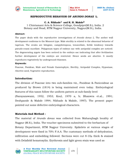 Reproductive Behavior of Arundo Donax L. 1