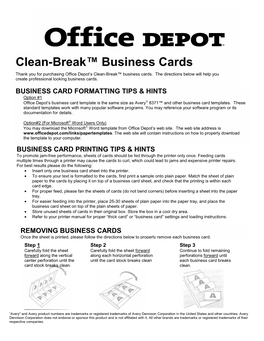 Clean-Break™ Business Cards Thank You for Purchasing Office Depot’S Clean-Break™ Business Cards