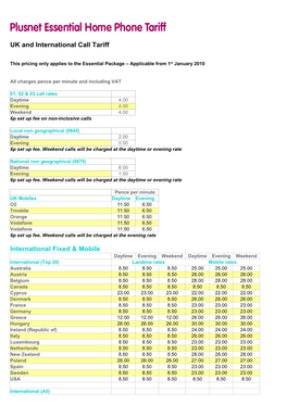 UK and International Call Tariff International Fixed & Mobile