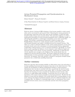 Action Potential Propagation and Synchronisation in Myelinated Axons