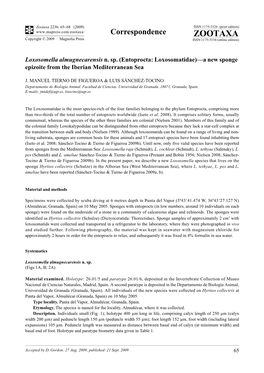 Entoprocta: Loxosomatidae)—A New Sponge Epizoite from the Iberian Mediterranean Sea