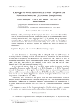 Karyotype for Nebo Hierichonticus (Simon 1872) from the Palestinian Territories (Scorpiones: Scorpionidae)