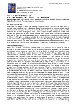 Ore: 13.45 Sala Poste Italiane C2 RACCONTI MINIMI SU ENZO JANNACCI. UN CAFFÈ CON… Andrea Pedrinelli, Giornalista, Critico, Sa