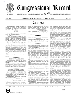 Congressional Record United States Th of America PROCEEDINGS and DEBATES of the 112 CONGRESS, SECOND SESSION