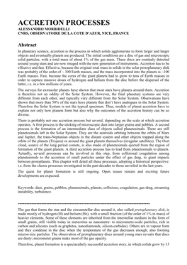 Accretion Processes Alessandro Morbidelli Cnrs, Observatoire De La Cote D’Azur, Nice, France