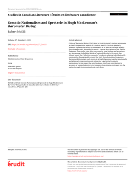 Somatic Nationalism and Spectacle in Hugh Maclennan's Barometer Rising