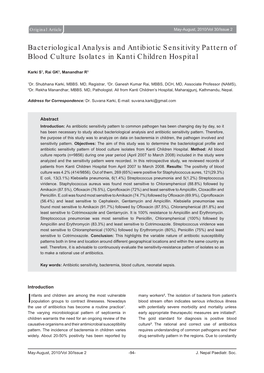 Bacteriological Analysis and Antibiotic Sensitivity Pattern of Blood Culture Isolates in Kanti Children Hospital