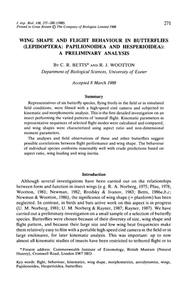 Wing Shape and Flight Behaviour in Butterflies (Lepidoptera: Papilionoidea and Hesperioidea): a Preliminary Analysis