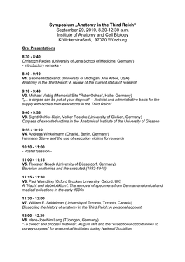 Symposium „Anatomy in the Third Reich“ September 29, 2010, 8.30-12.30 A.M