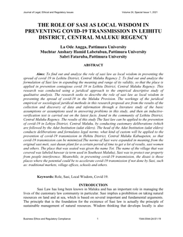 The Role of Sasi As Local Wisdom in Preventing Covid-19 Transmission in Leihitu District, Central Maluku Regency