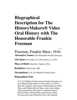 Biographical Description for the Historymakers® Video Oral History with the Honorable Frankie Freeman