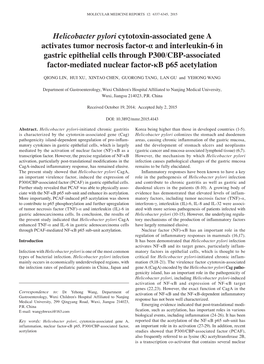 Helicobacter Pylori Cytotoxin‑Associated Gene a Activates Tumor