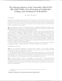 The Missing Diaries of the Venerable Alfred Pott, BD (1822-1908), First Principal of Cuddesdon College and Archdeacon of Berkshire