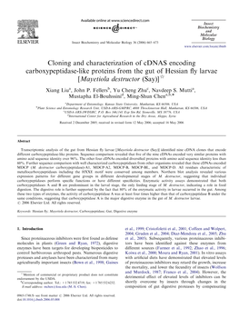 Cloning and Characterization of Cdnas Encoding Carboxypeptidase-Like Proteins from the Gut of Hessian ﬂy Larvae [Mayetiola Destructor (Say)]$